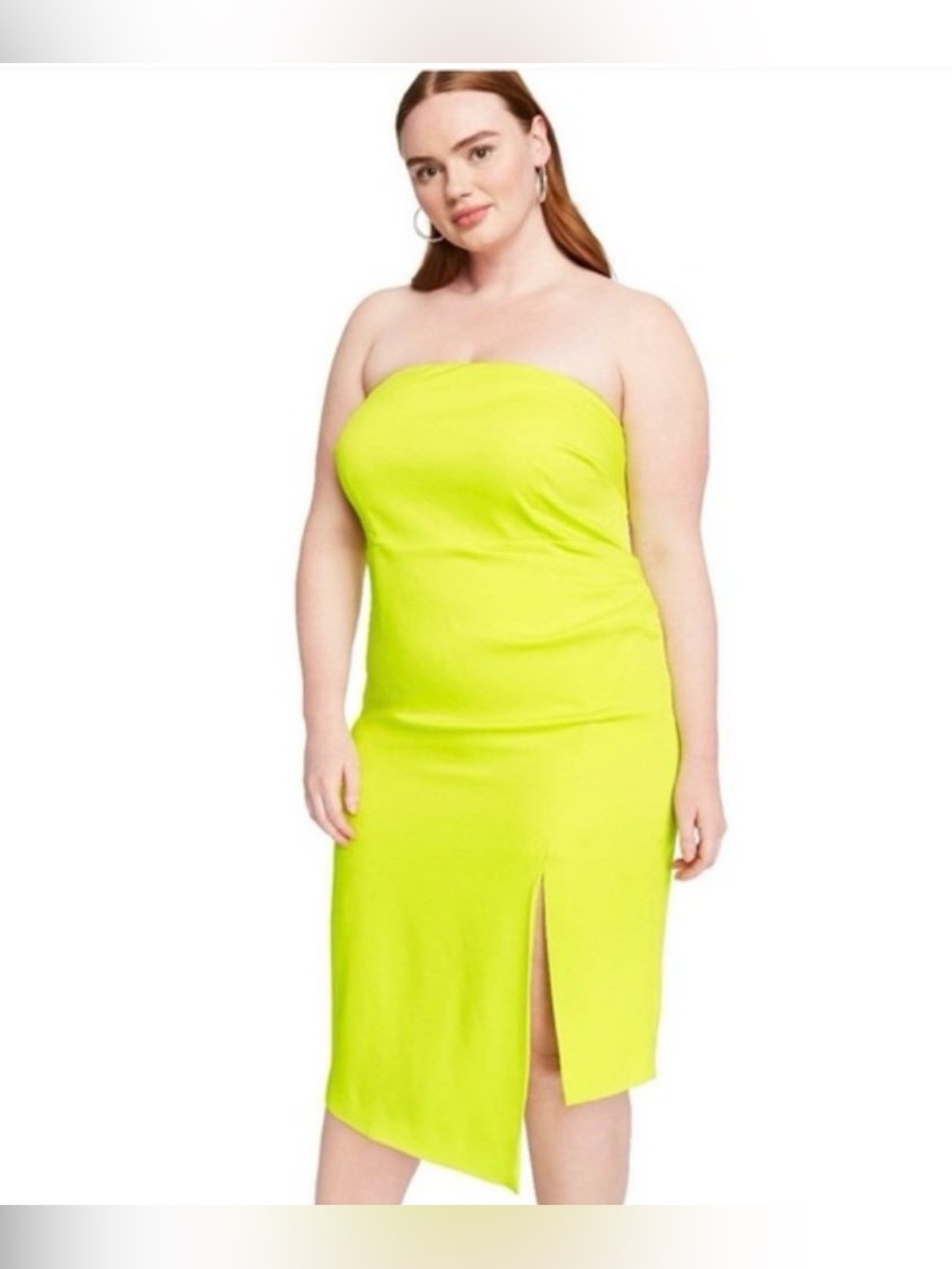 Cushnie Neon Yellow Strapless Midi Dress with Front Slit